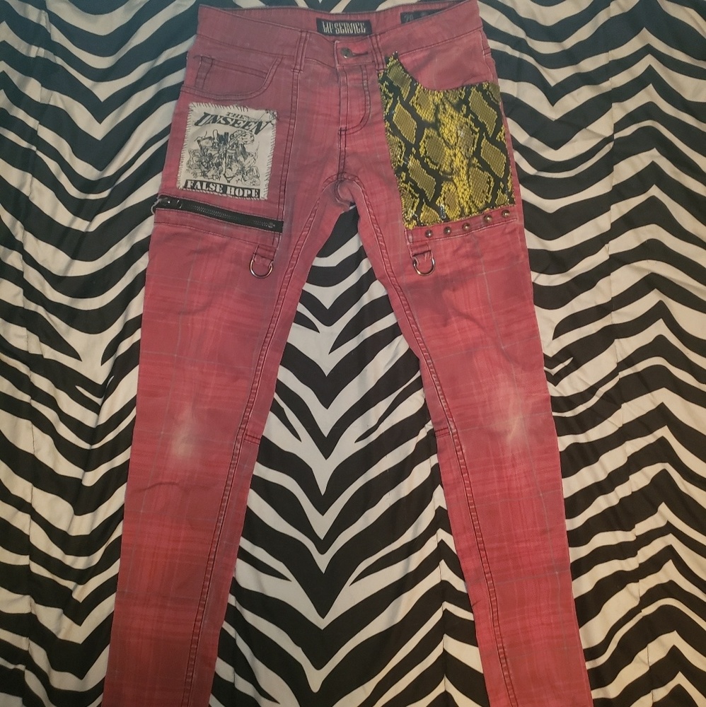 Lip Service plaid stretch jeans DIY patches